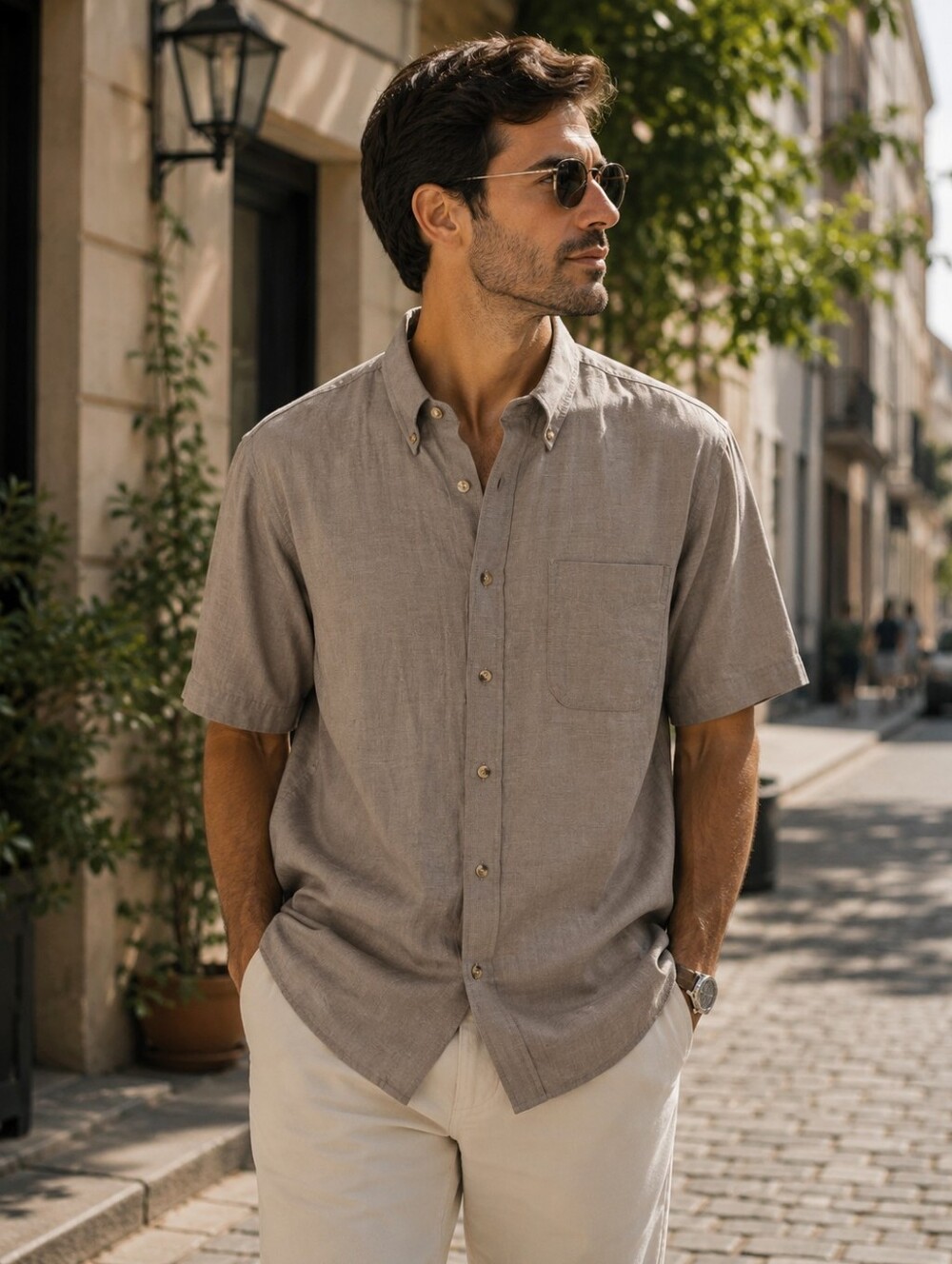 L.L. Bean Men’s Short-Sleeve Button-Down Shirt — Taupe/Brown